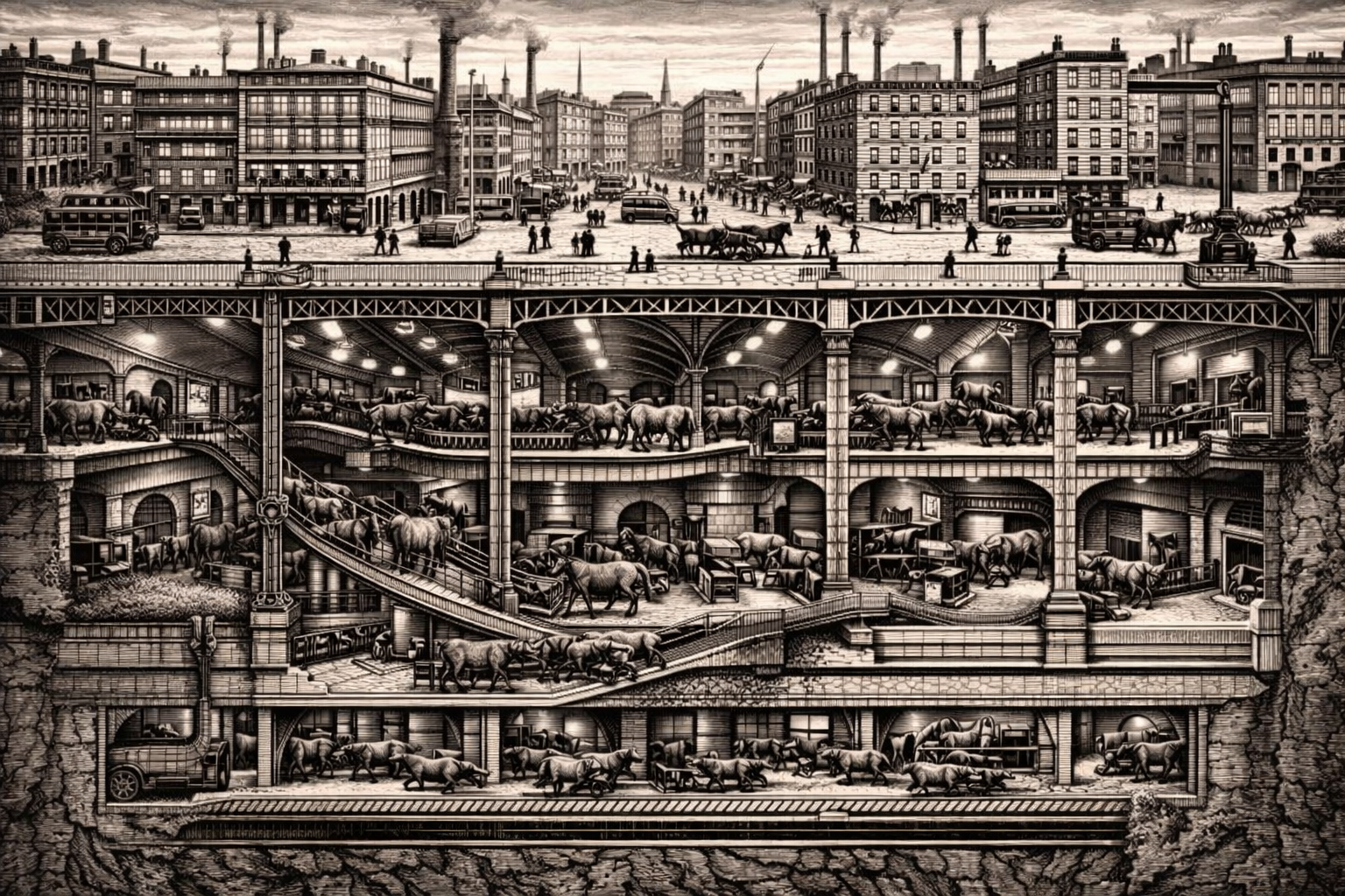 Industrial era — steel-framed infrastructure, hundreds of horses in iron-vaulted halls